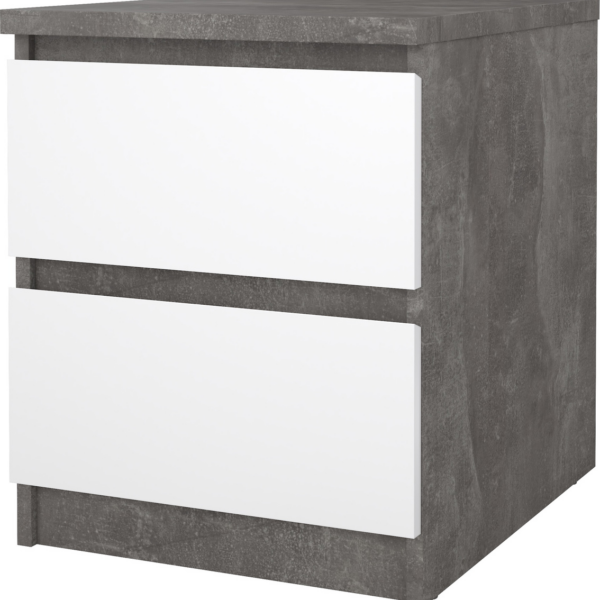 Sengebord Vesterholm Naia natbord, oxid beton/hvid højglans, 2 skuffer, FSC, H49,5ÃB40,4ÃD50 cm